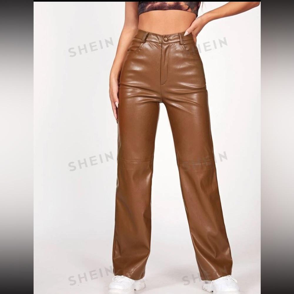 Shein Petite Solid PU Leather Straight Leg Pants